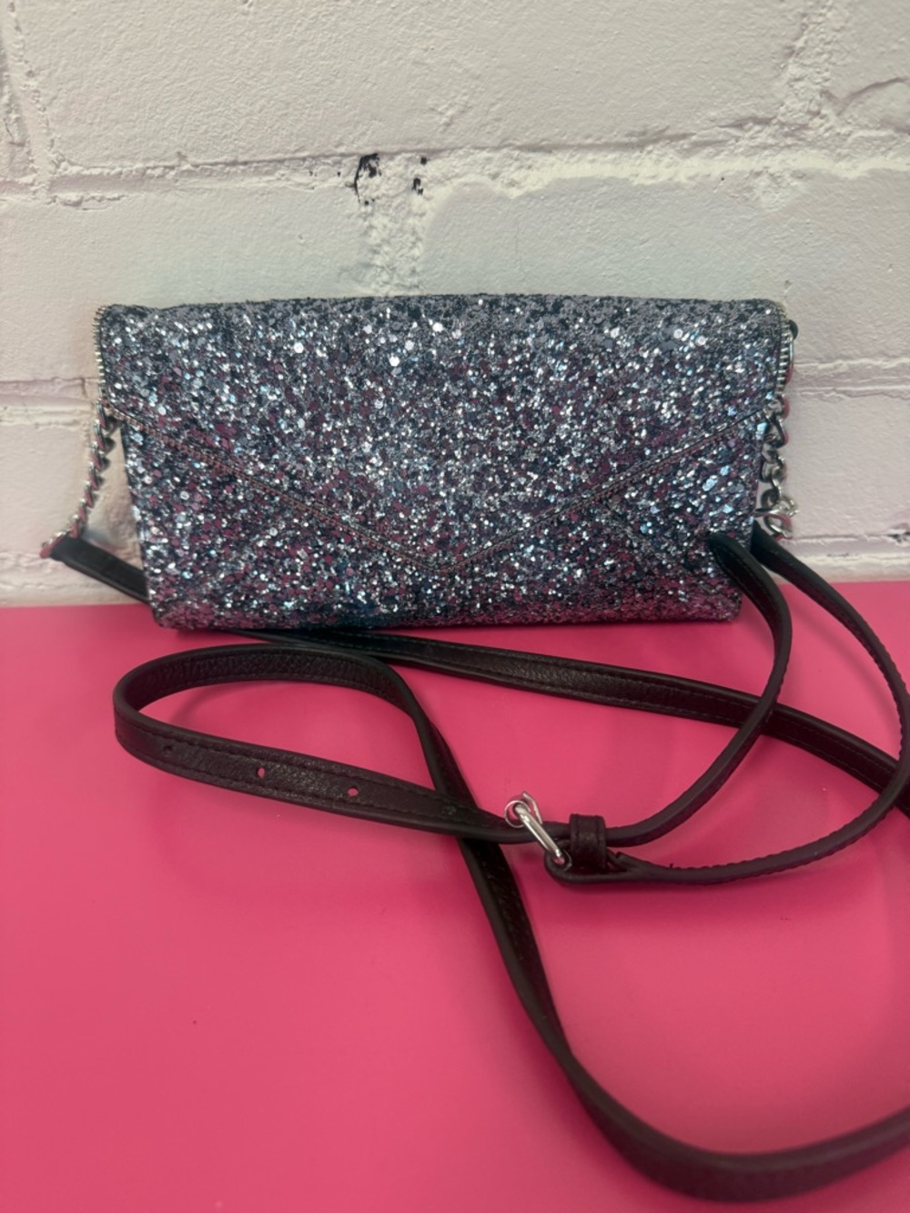Rebecca Minkoff Silver Glitter Envelope Crossbody with Black Strap